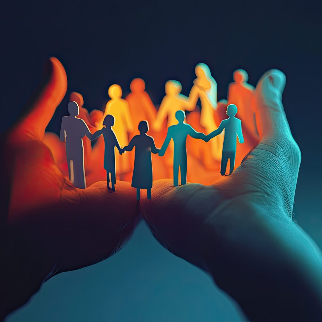 3ï¸âƒ£ A pair of hands holding several people, each person representing a different group or audience. The background is dark blue with subtle lighting effects to highlight the figures and create depth in an office setting. This visual metaphor symbolizes the connection between a business personality, a swetering service for towering ahead growth using AI technology, and a human touch customer experience. Realistic photographic style. --ar 53:30 --v 6.1 Job ID: 3e1013a3-e3bf-497c-8cb4-990788b54f8c